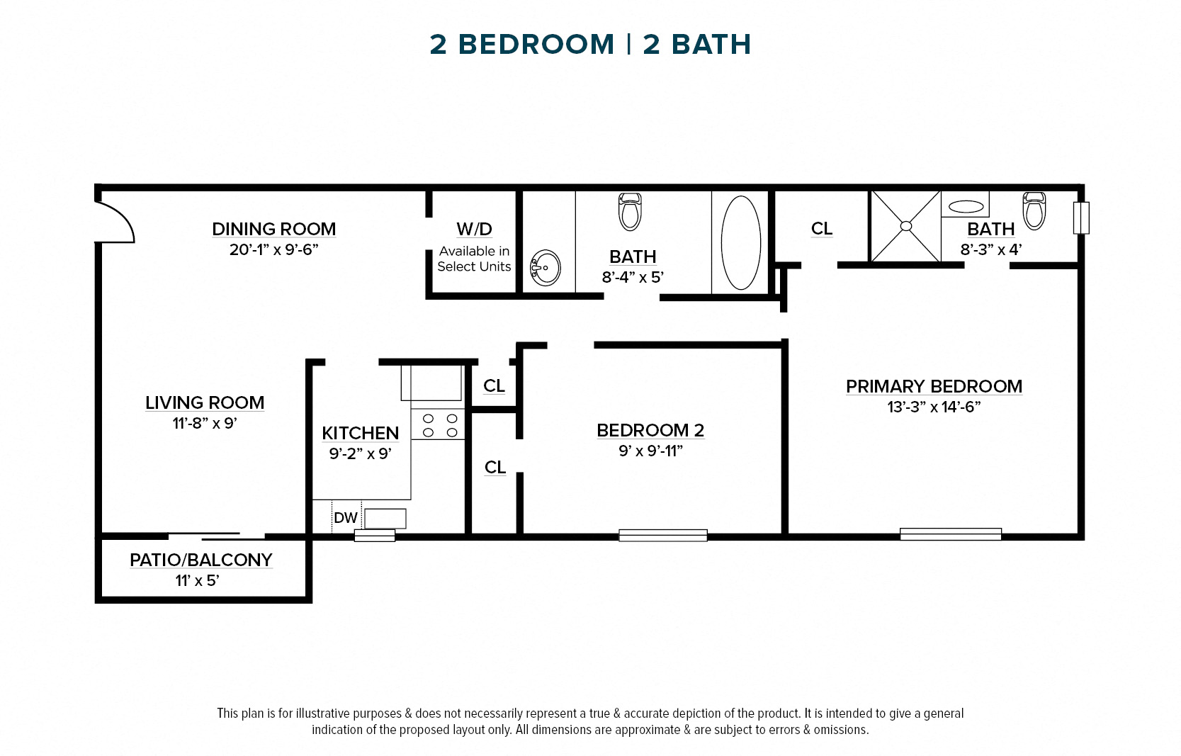 Floor plan for 2 beds, 2 baths, 950 sqft